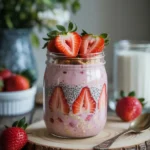 Strawberry overnight oats in a jar on a breakfast table
