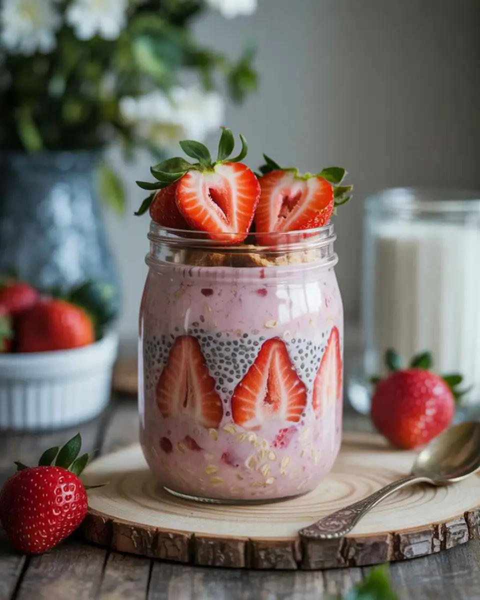 Strawberry overnight oats in a jar on a breakfast table