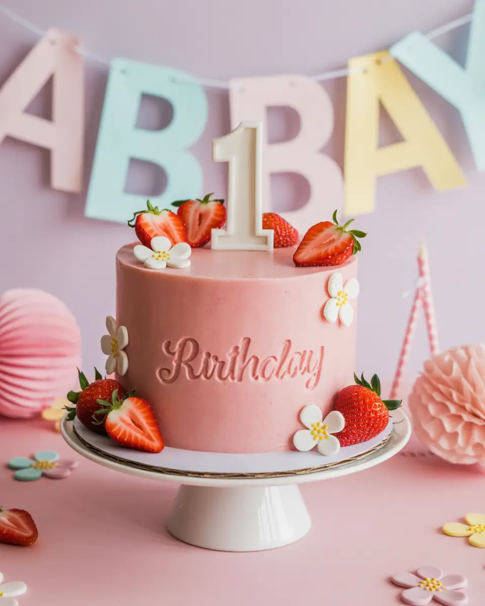 berry first birthday cake with fondant decorations