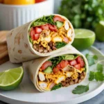 Breakfast burrito meal prep on wooden table