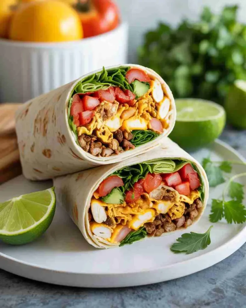Breakfast burrito meal prep on wooden table