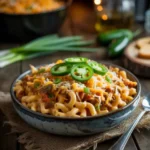 Taco mac and cheese topped with jalapeños and cheese