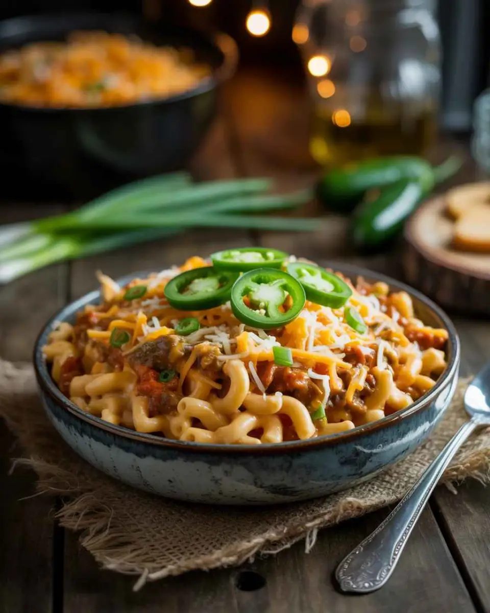Taco mac and cheese topped with jalapeños and cheese