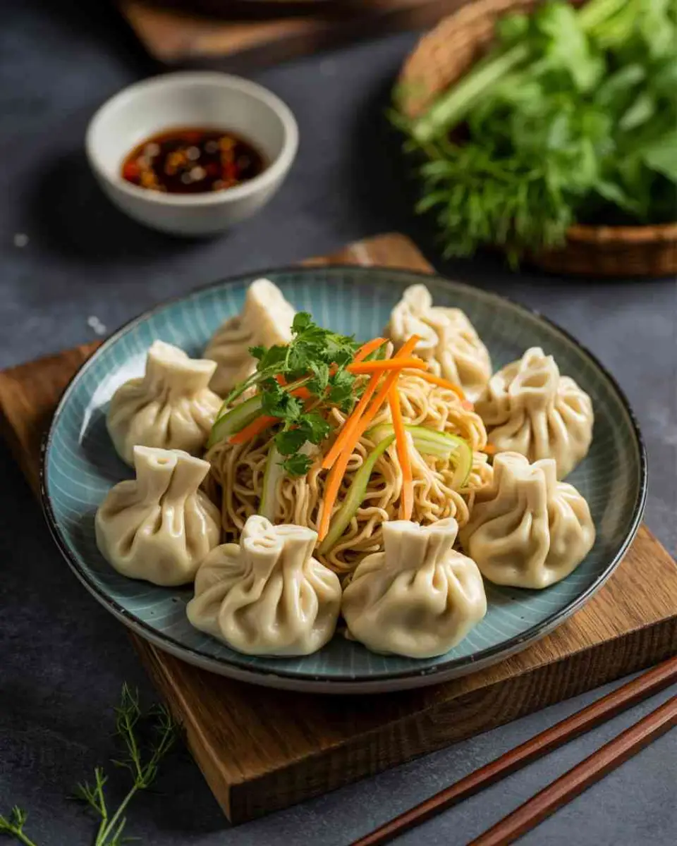 Delicacy food with steamed dumplings and noodle salad