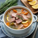 Ham soup recipes with vegetables in rustic kitchen