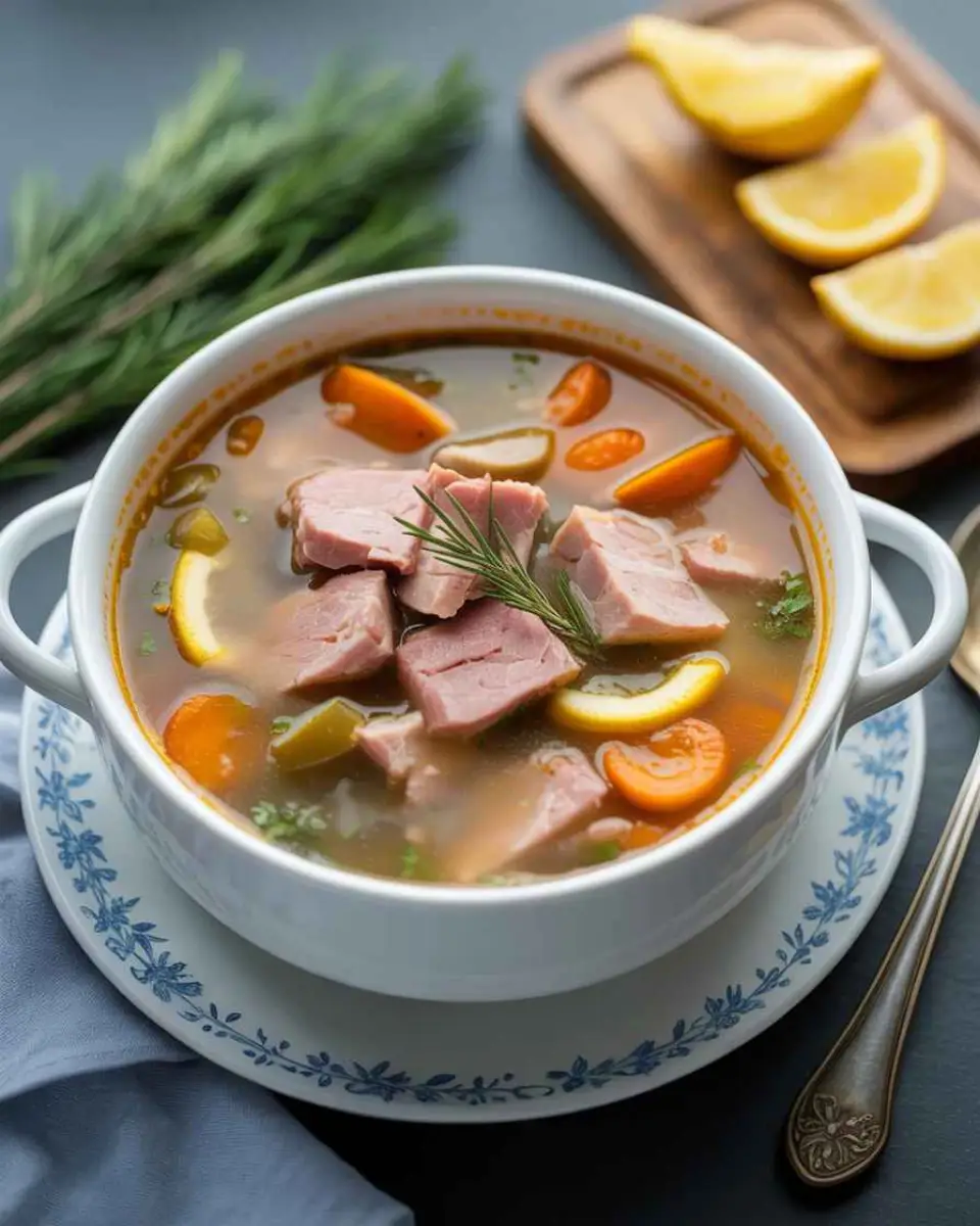 Ham soup recipes with vegetables in rustic kitchen