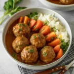 Meatball meals served in a rustic kitchen setting