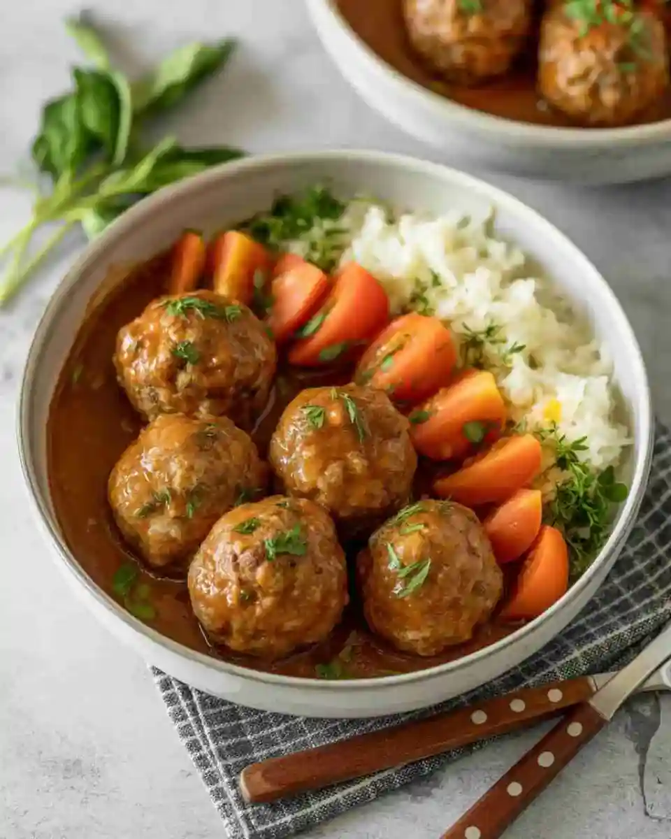 Meatball meals served in a rustic kitchen setting