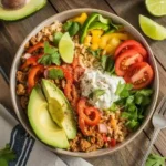 Healthy taco bowl with cauliflower rice and toppings