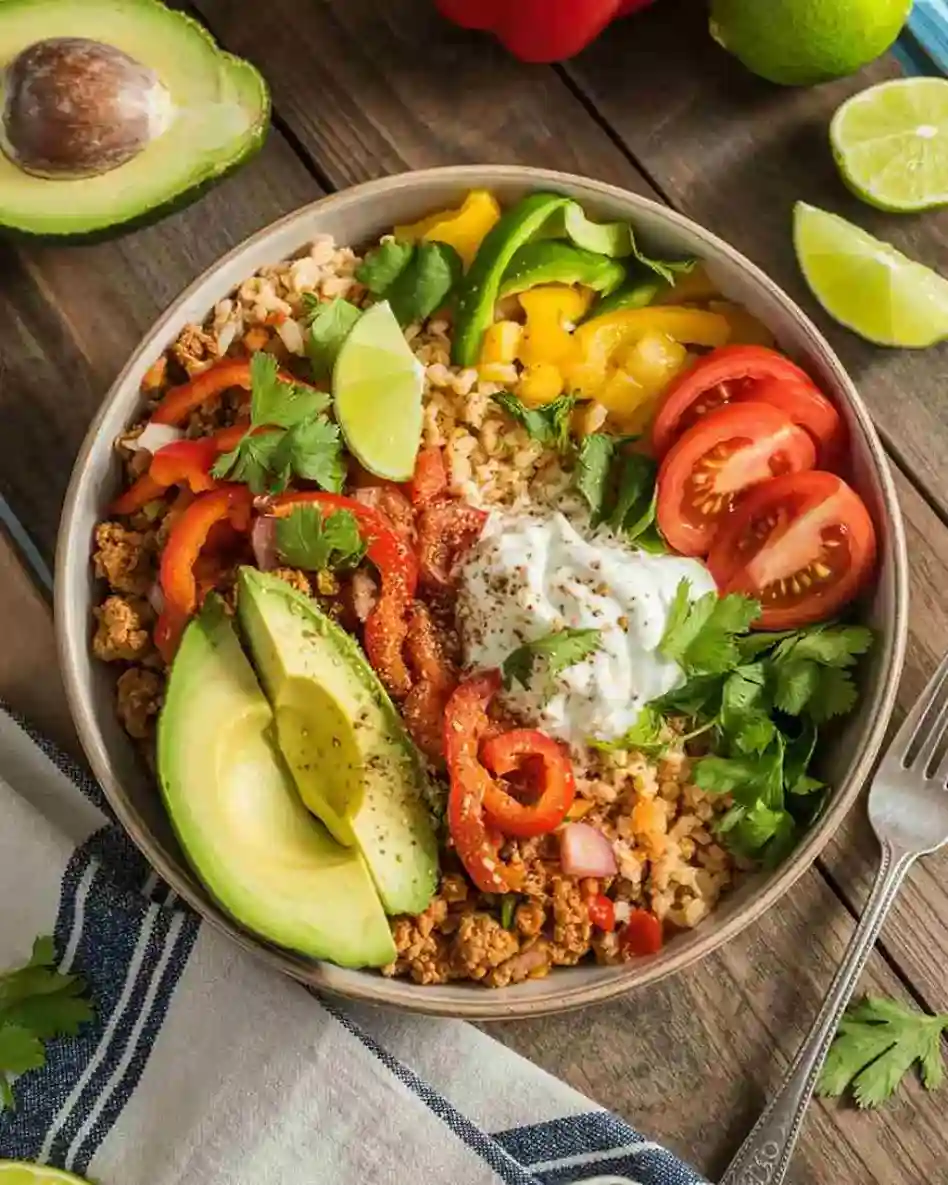 Healthy taco bowl with cauliflower rice and toppings