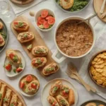 Super Bowl recipes on a game day party table with snacks and drinks