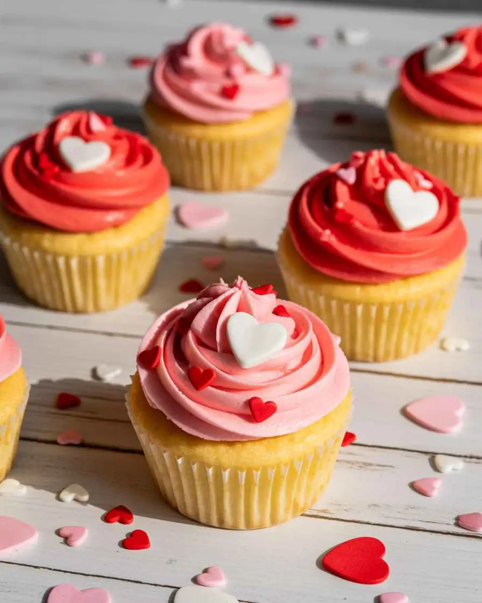 Valentines Day cupcakes decorated with red and pink frosting