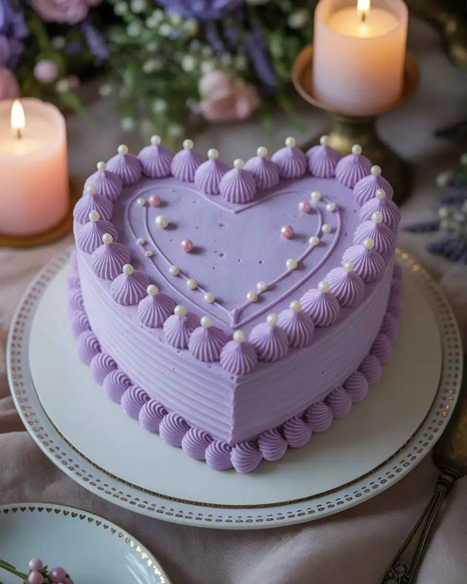 Purple heart cake with vintage lavender piping