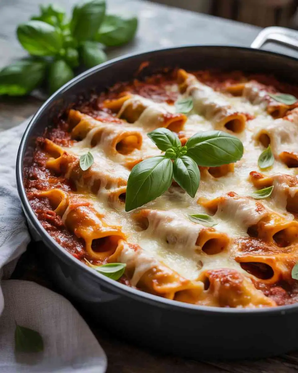 baked mostaccioli fresh from the oven