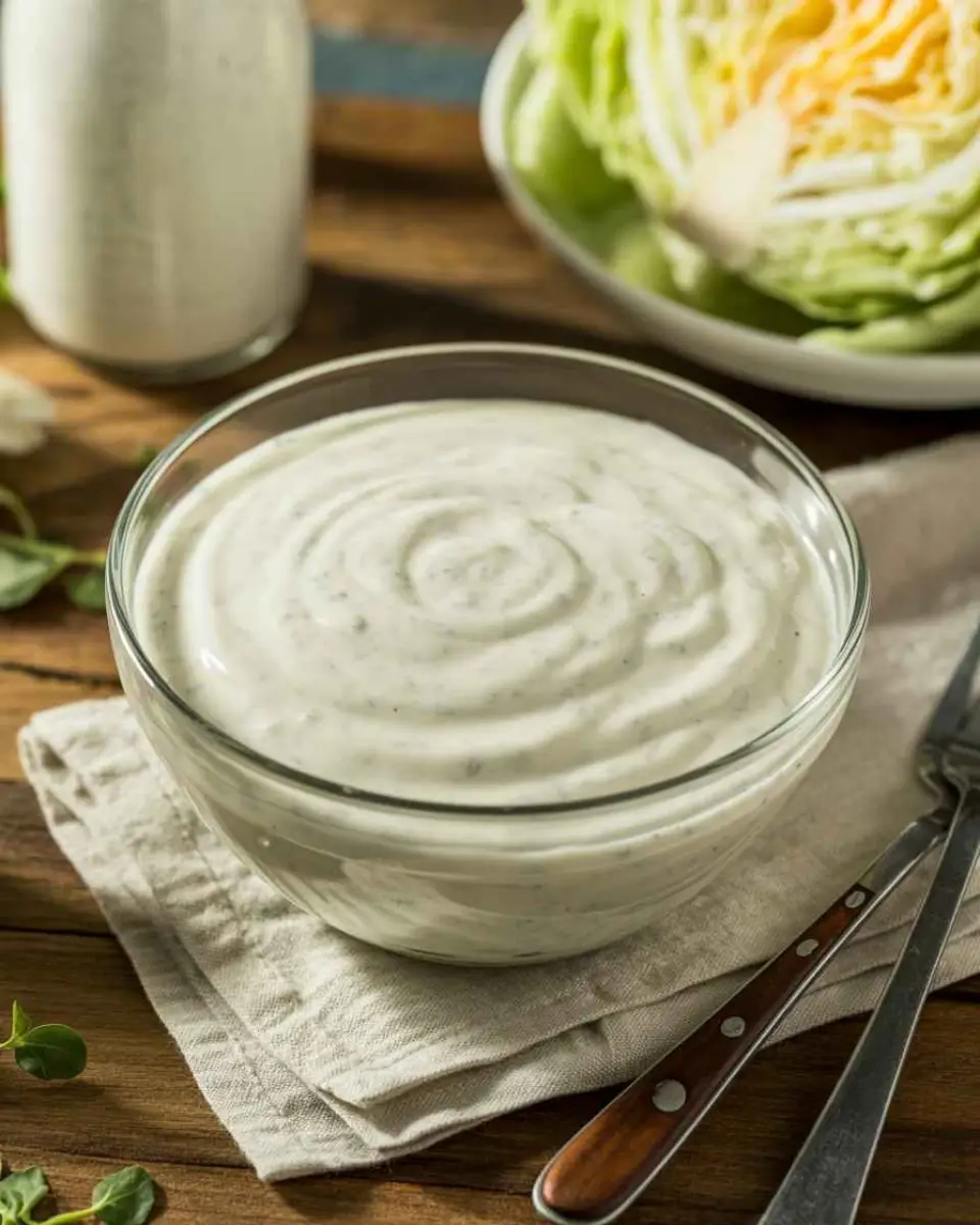 creamy coleslaw dressing in jar with cabbage