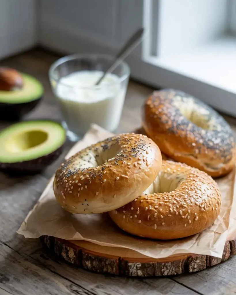 Healthy bagel recipe on rustic table with toppings