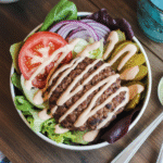 healthy burger bowl with fresh toppings