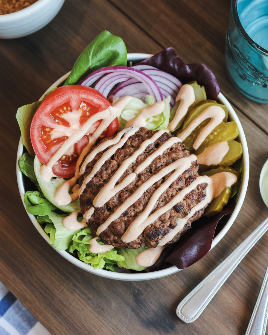 healthy burger bowl with fresh toppings