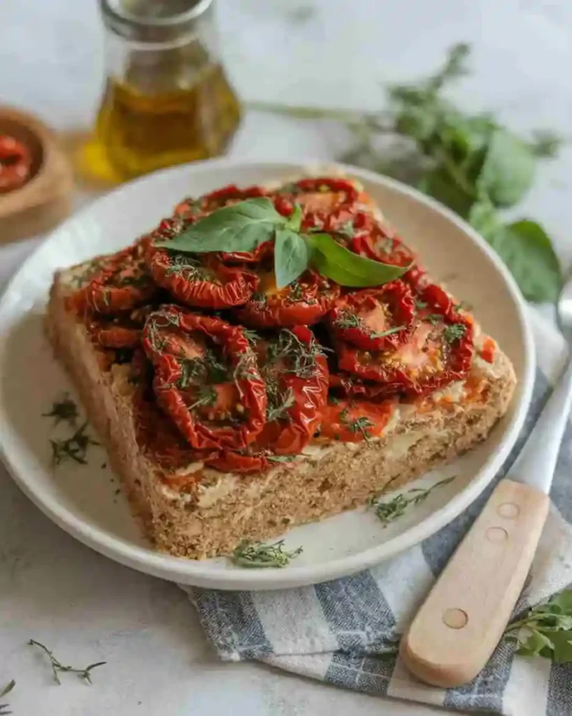 Sundried tomato recipes ingredients on a rustic board