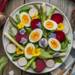 spring salads with fresh vegetables and eggs