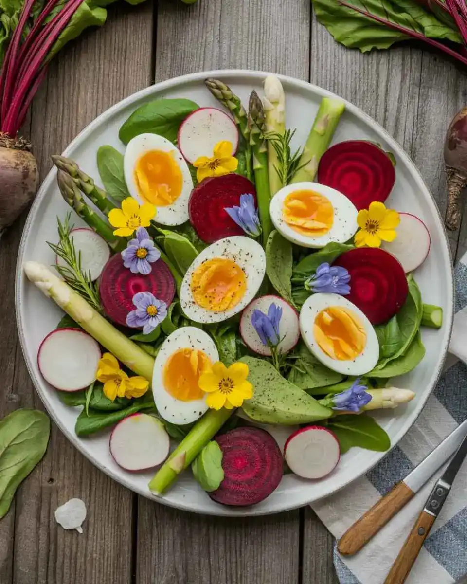 spring salads with fresh vegetables and eggs