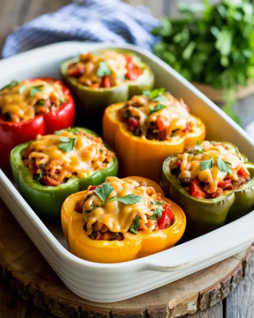 healthy stuffed bell peppers baked with melted cheddar and parsley