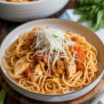 Crockpot Chicken Spaghetti served hot with creamy cheese