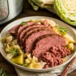 crockpot corned beef and cabbage served with potatoes and cabbage