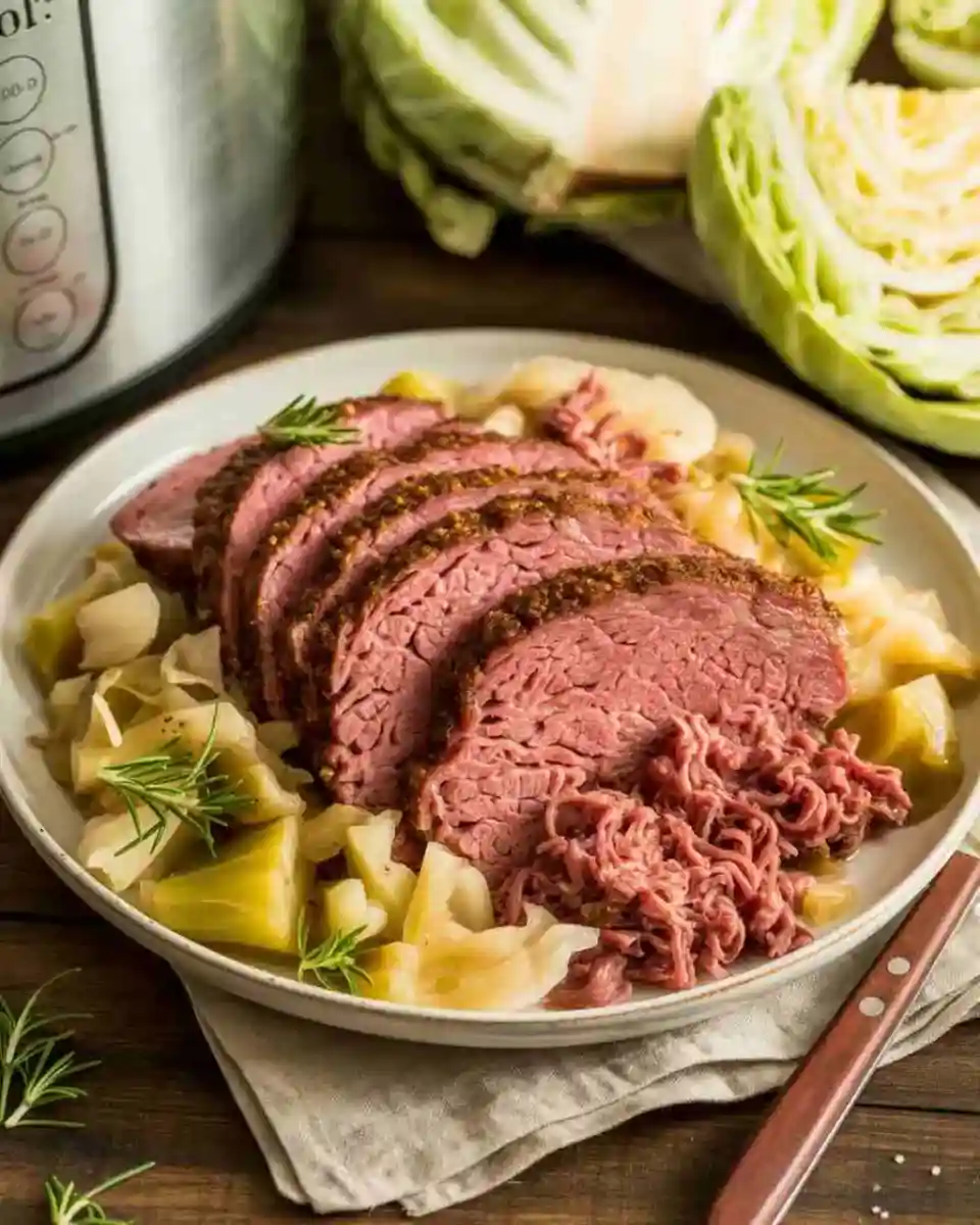 crockpot corned beef and cabbage served with potatoes and cabbage