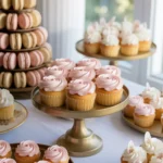 bridal shower desserts display with cupcakes and macarons