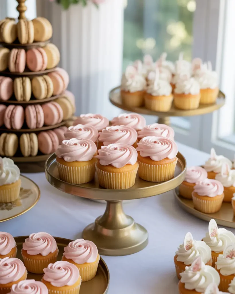 bridal shower desserts display with cupcakes and macarons