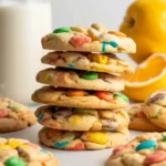 Fruity Pebbles Cookies stacked on plate