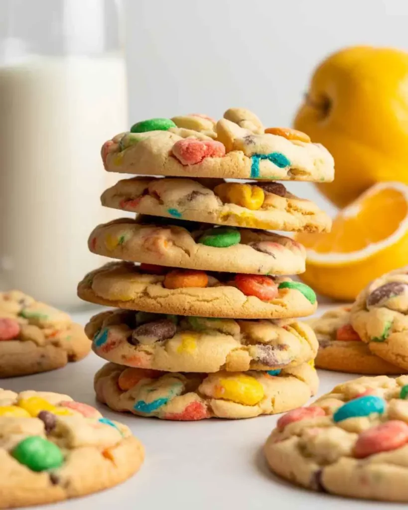 Fruity Pebbles Cookies stacked on plate