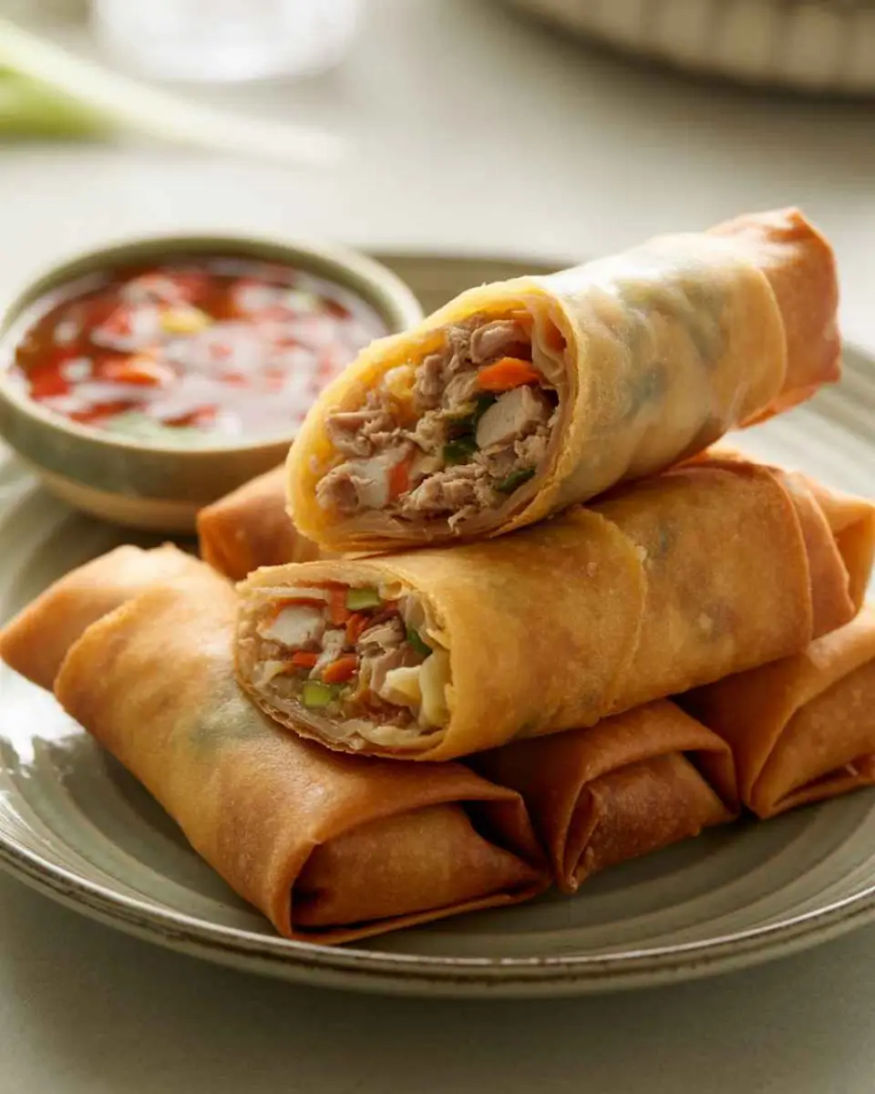 Spring roll recipe with crispy golden rolls and dipping sauce