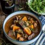 Guinness beef stew simmering in a pot on rustic table
