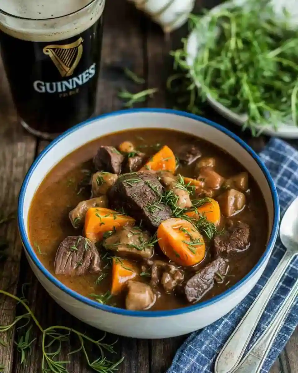 Guinness beef stew simmering in a pot on rustic table