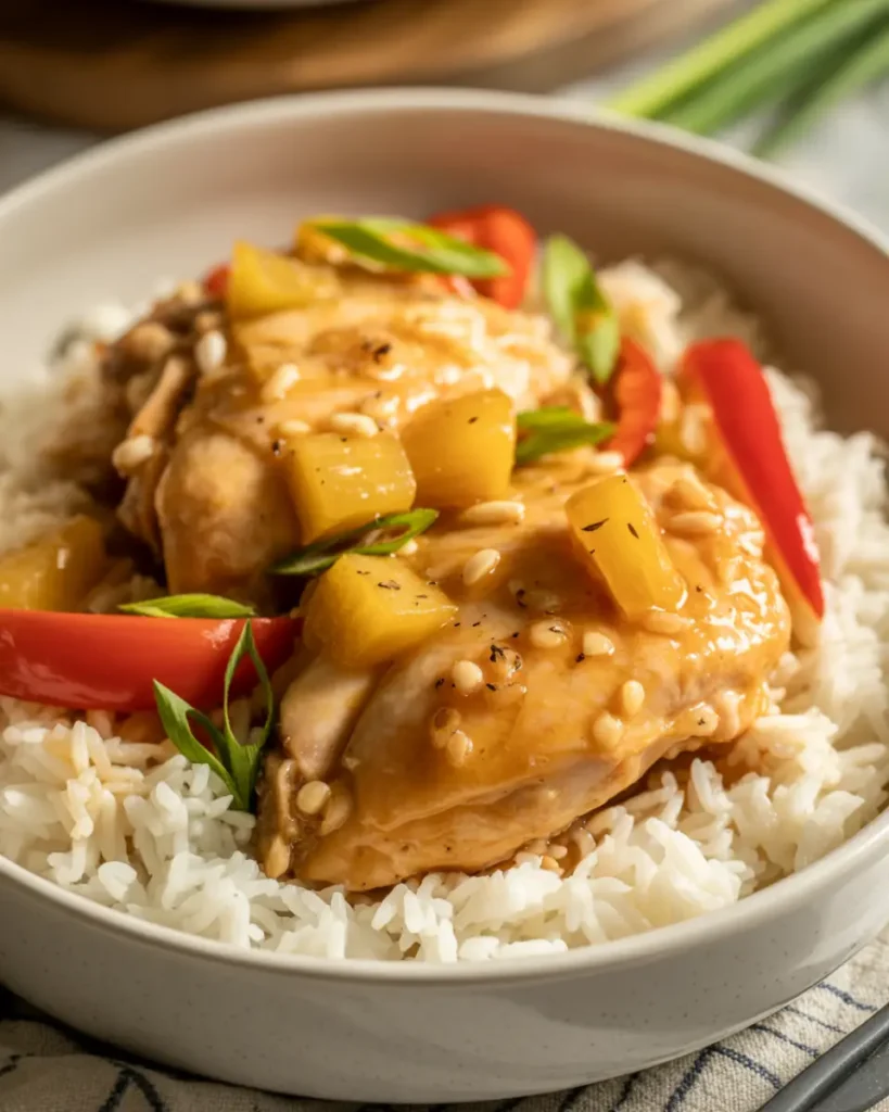 hawaiian chicken crockpot served over rice with pineapple glaze