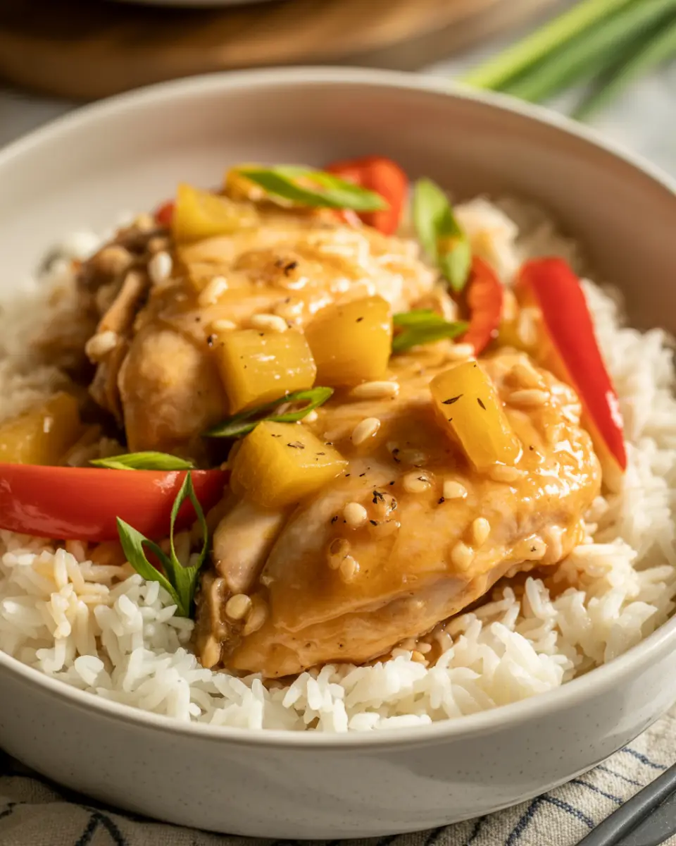 hawaiian chicken crockpot served over rice with pineapple glaze