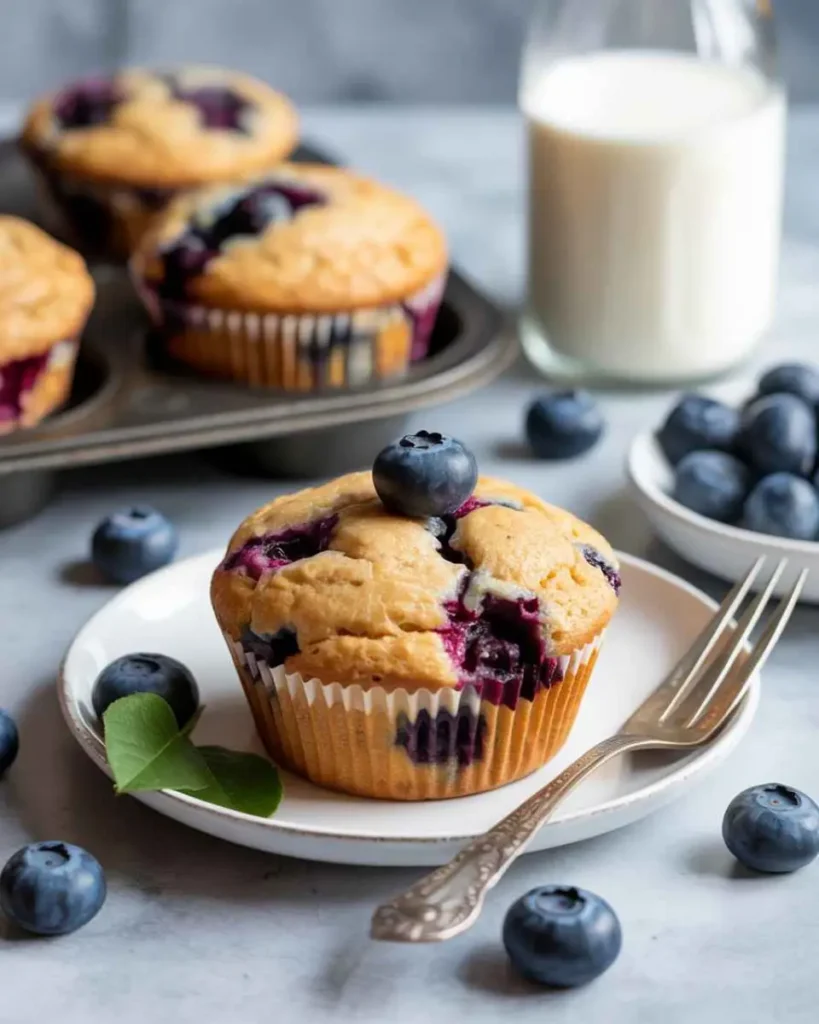high protein blueberry muffins on wooden table