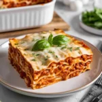 High protein lasagna slice with visible creamy layers