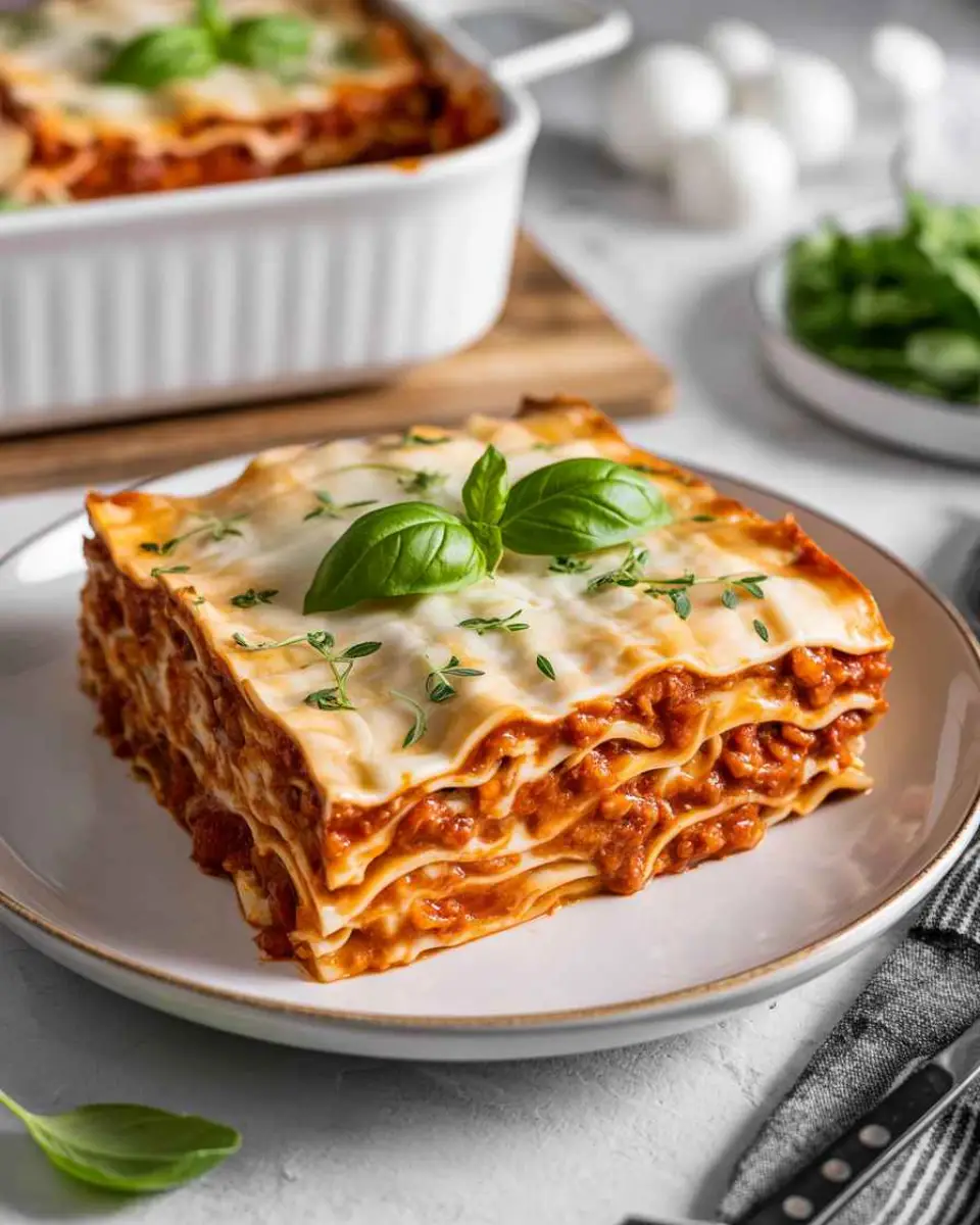 High protein lasagna slice with visible creamy layers