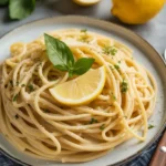 Lemon pasta recipes served in a white bowl with fresh lemon zest