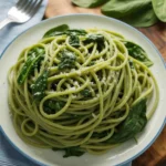 Spinach pasta recipe in ceramic bowl with Parmesan