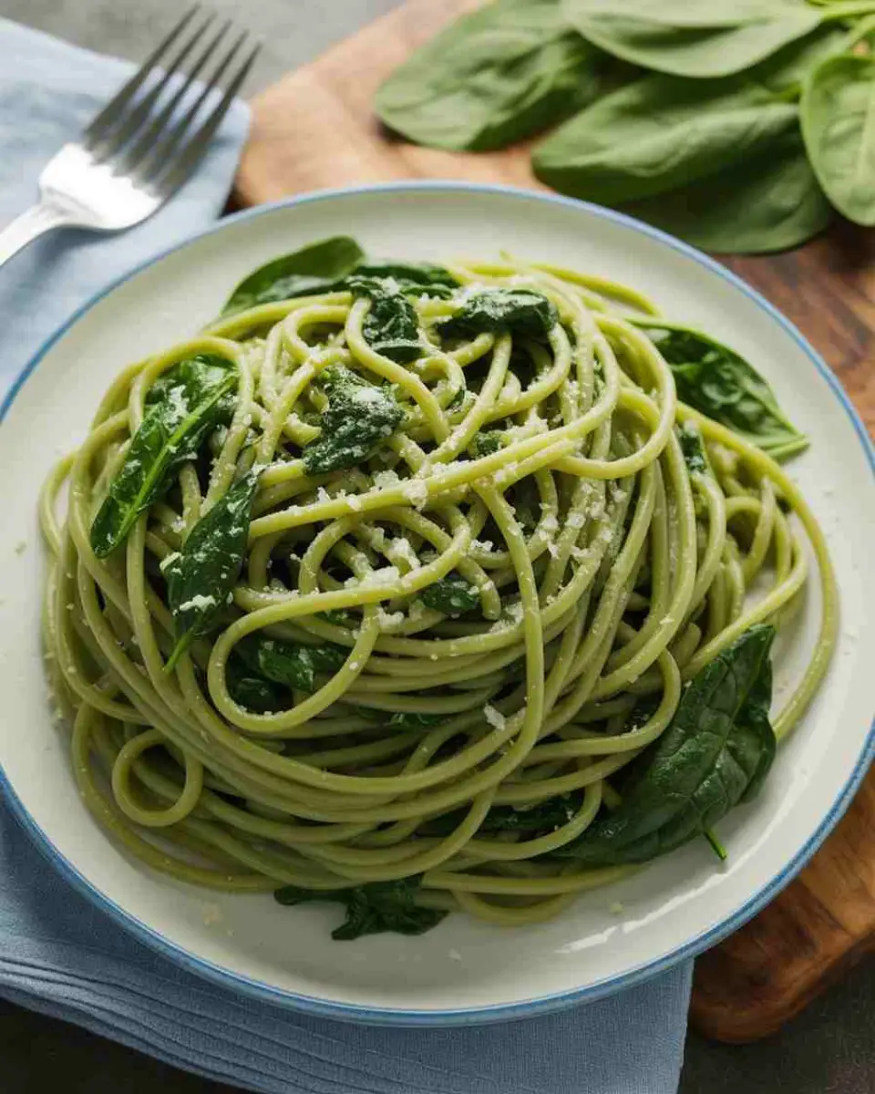 Spinach pasta recipe in ceramic bowl with Parmesan