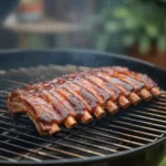 BBQ ribs on the grill with caramelized barbecue sauce