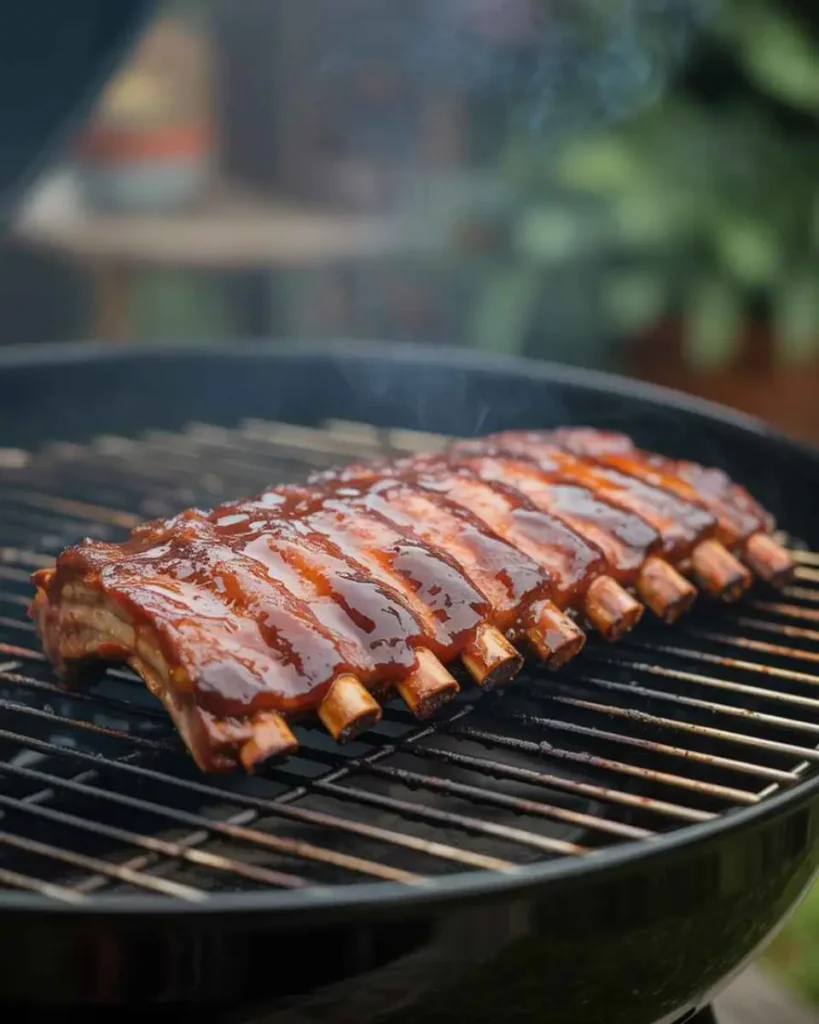 BBQ ribs on the grill with caramelized barbecue sauce