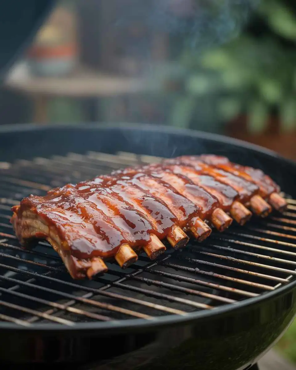 BBQ ribs on the grill with caramelized barbecue sauce
