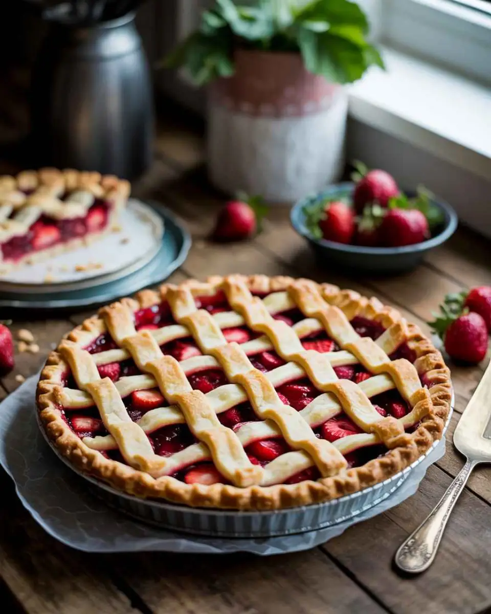 strawberry rhubarb pie with lattice crust