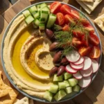 hummus board with fresh vegetables and pita chips