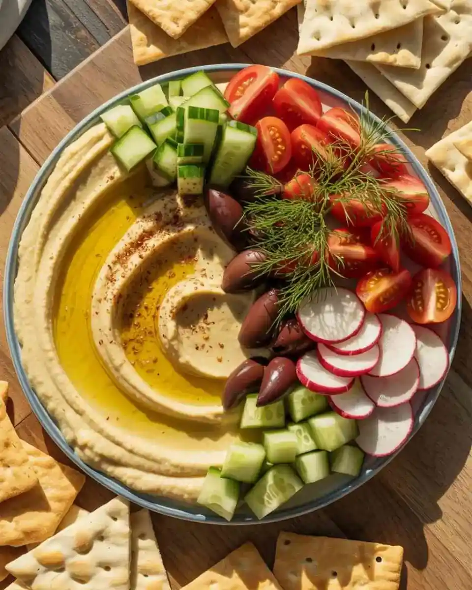 hummus board with fresh vegetables and pita chips